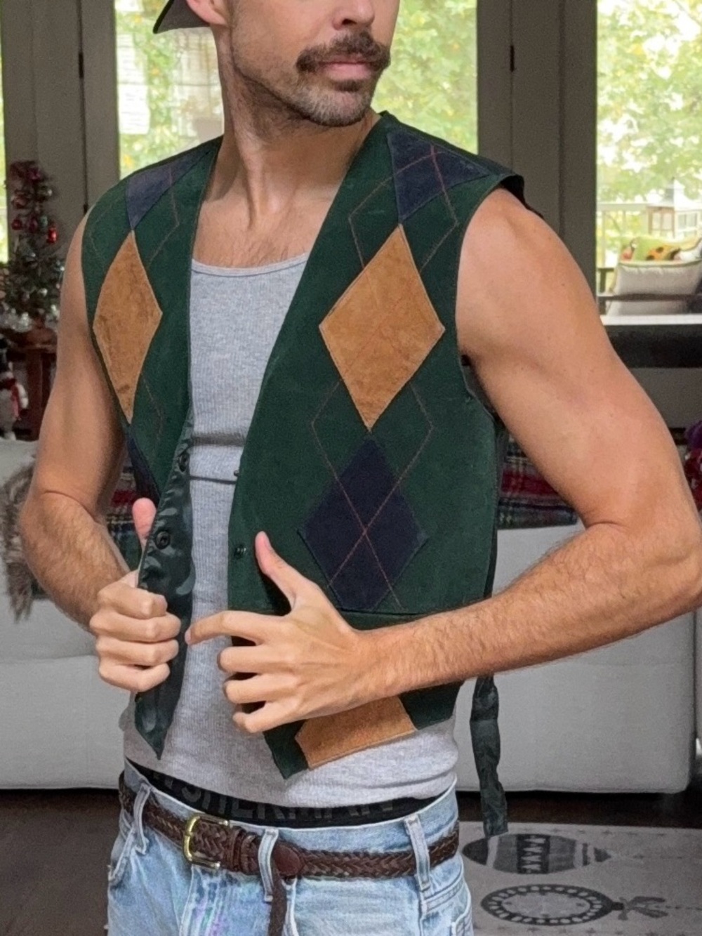 Vintage Leather Argyle Vest 🏇